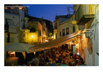 Crowded Outdoor Eateries in Old Town, Ibiza, Spain