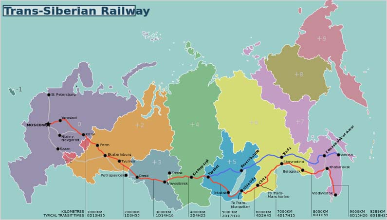 Map showing the routes of the Trans-Siberian Railway