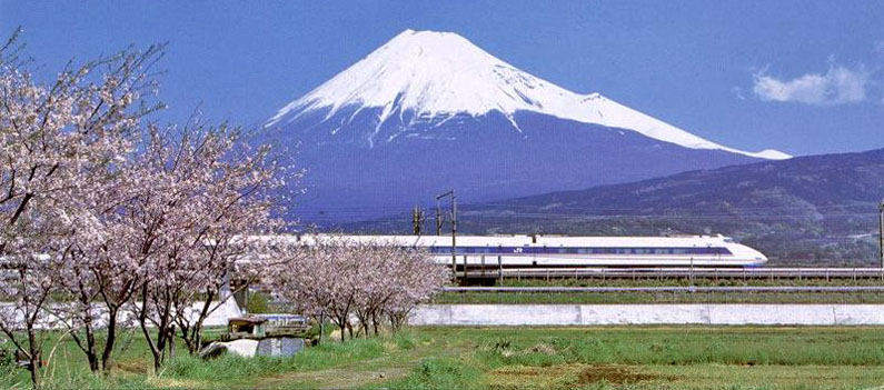 The bullet train passes Mount Fuji in Japan